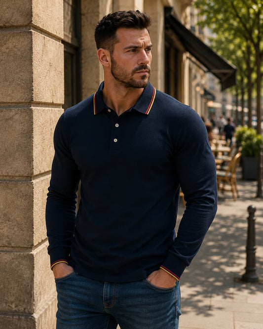 Long Sleeve Polo Shirt with Stripe Collar