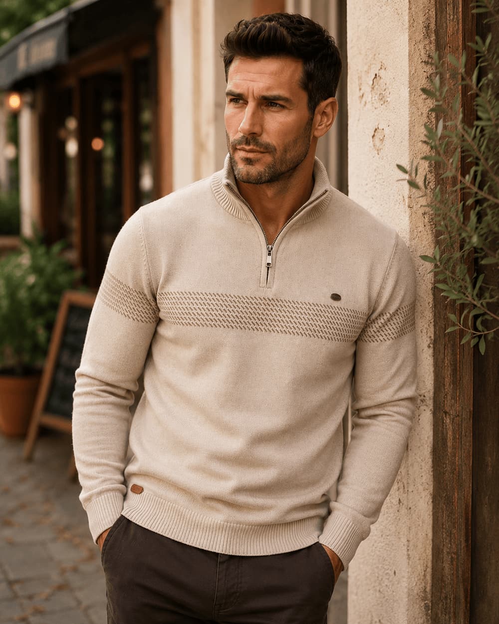 Men’s Half-Zip Striped Knit Sweater