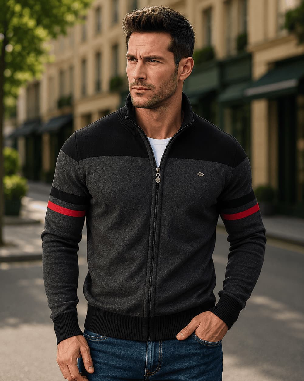 Classic Colorblock Zip-Up Knit Cardigan