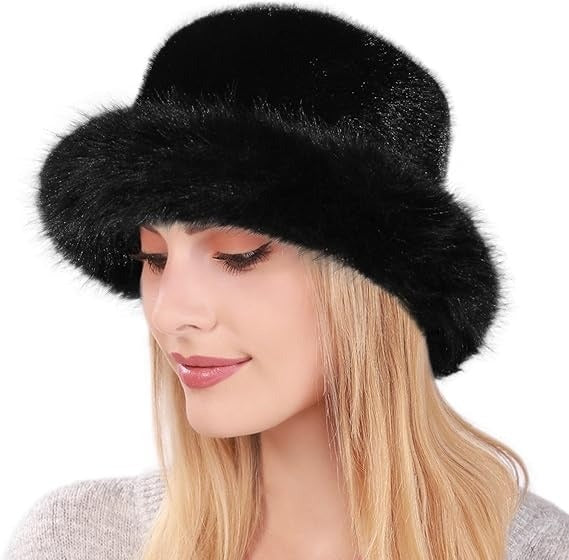 Women’s Winter Fuzzy Wide Brim Faux Fur Bucket Hat – Fluffy Fisherman Cap