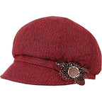Women’s Red Newsboy Cabbie Beret Hat with Flower Buckle