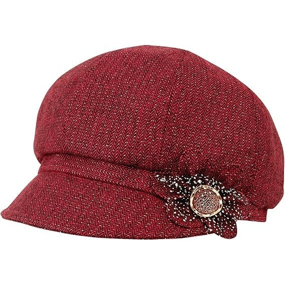 Women’s Red Newsboy Cabbie Beret Hat with Flower Buckle