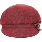 Women’s Red Newsboy Cabbie Beret Hat with Flower Buckle