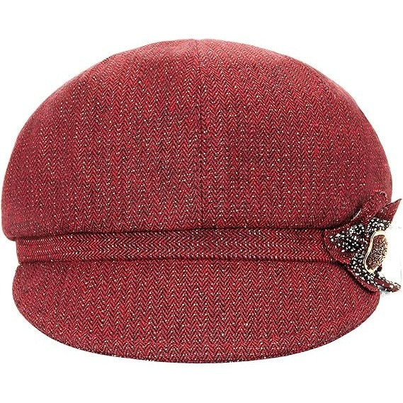 Women’s Red Newsboy Cabbie Beret Hat with Flower Buckle