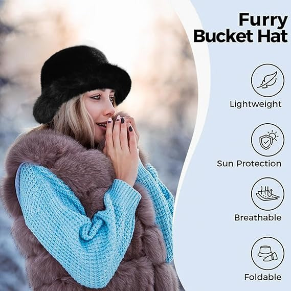 Women’s Winter Fuzzy Wide Brim Faux Fur Bucket Hat – Fluffy Fisherman Cap