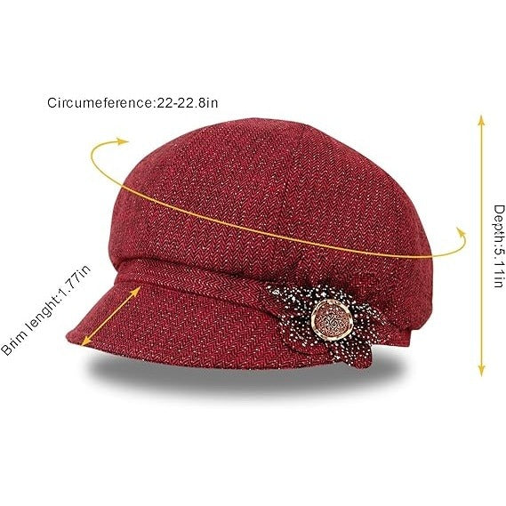 Women’s Red Newsboy Cabbie Beret Hat with Flower Buckle