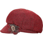Women’s Red Newsboy Cabbie Beret Hat with Flower Buckle