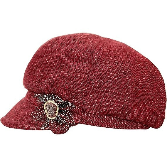Women’s Red Newsboy Cabbie Beret Hat with Flower Buckle