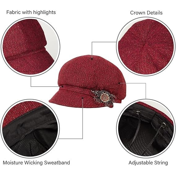 Women’s Red Newsboy Cabbie Beret Hat with Flower Buckle